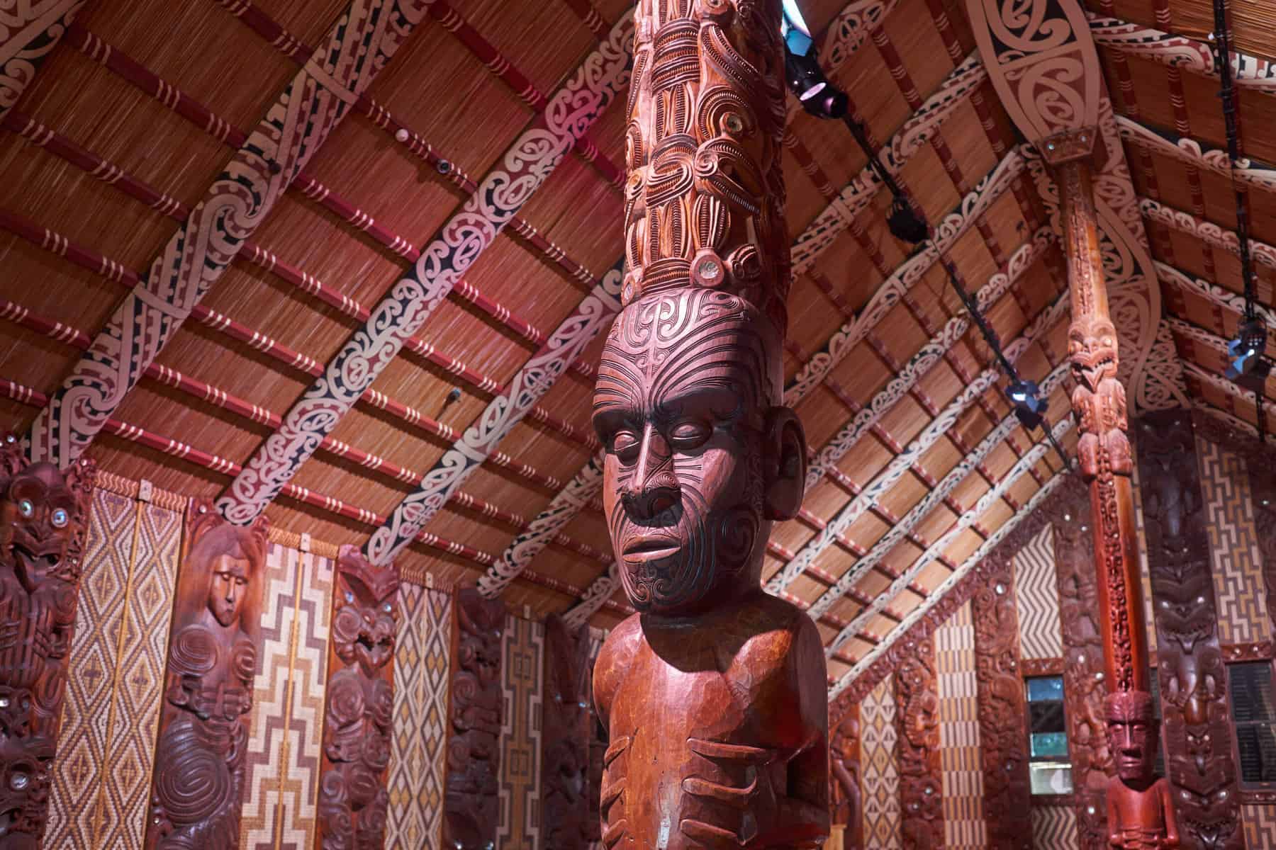 Maori Meeting House With Traditional Carved Interior, The National Marae At The Waitangi Treaty Grounds In New Zealand